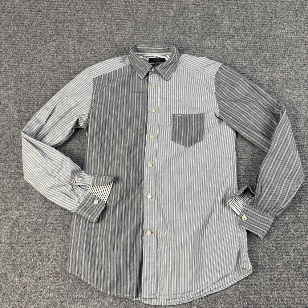 Diesel Shirt Mens Small Gray Striped Slim Fit Long Sleeve Button Front Patchwork